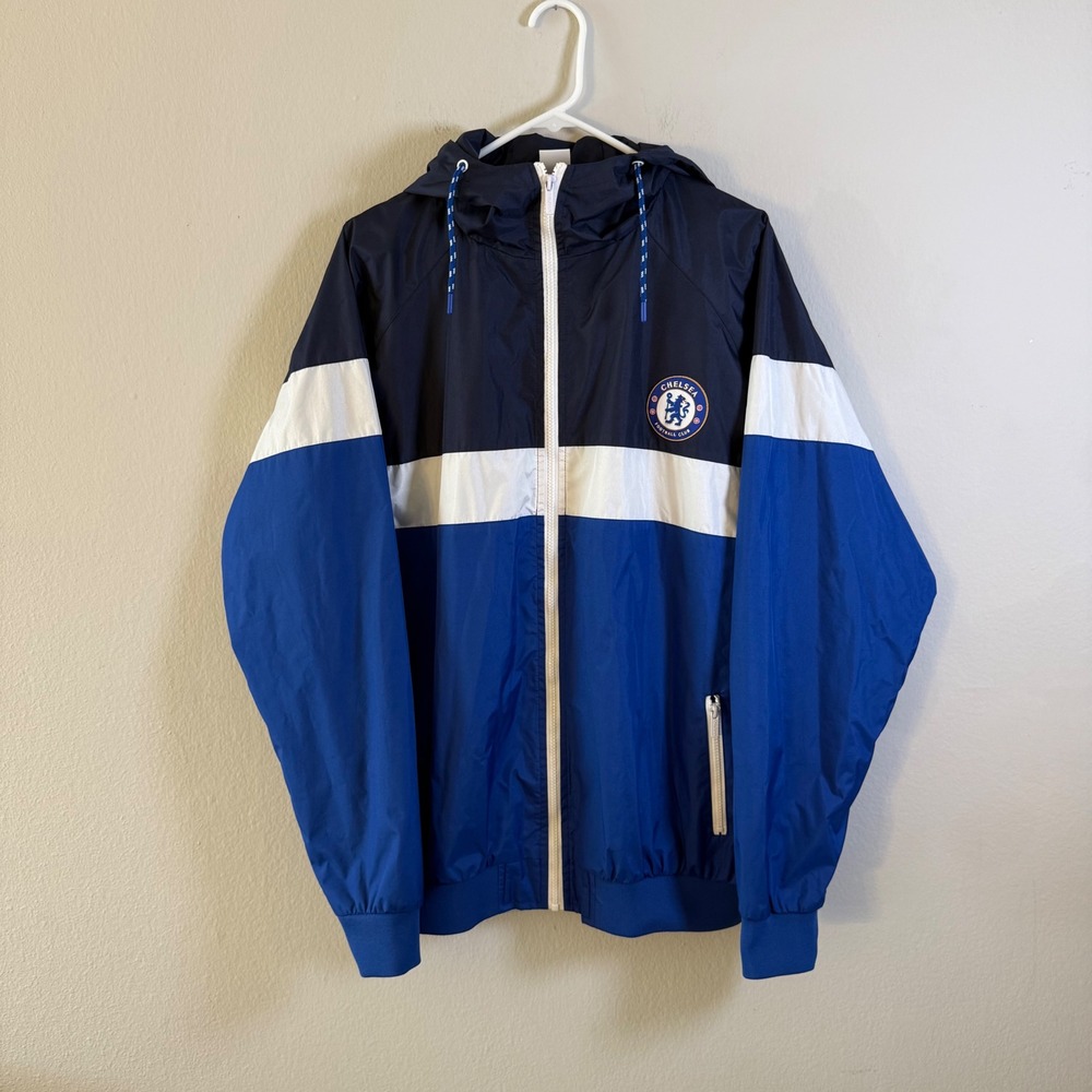 Chelsea FC Windbreaker Jacket Mens XXL Blue White Navy Full Zip‎ Hooded Soccer